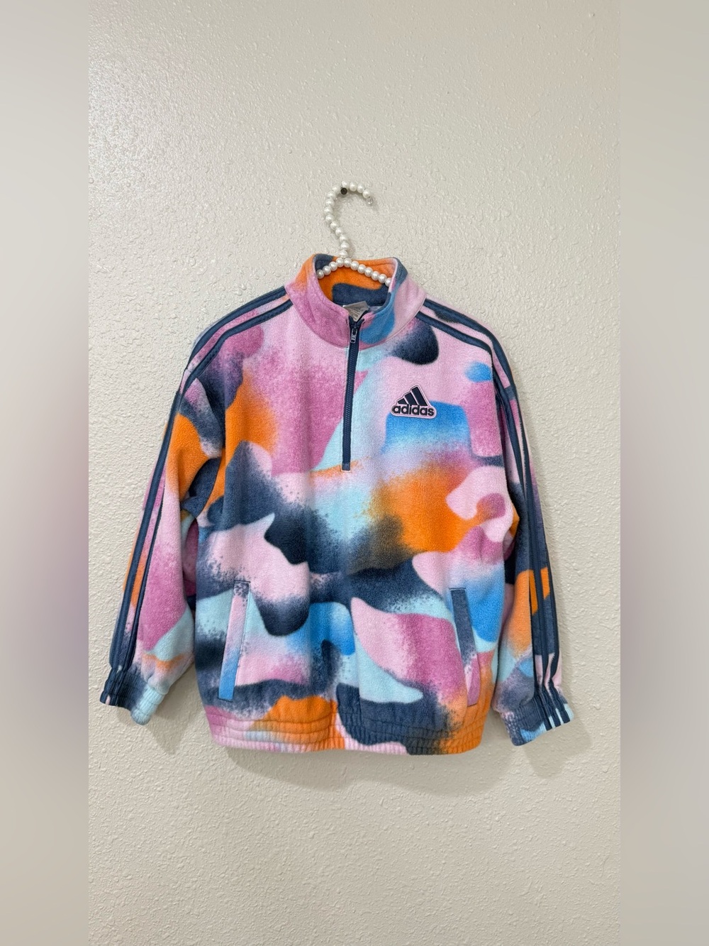 Adidas Girls Colorful Abstract Print Fleece Quarter Zip Pullover Large (U.S.14)